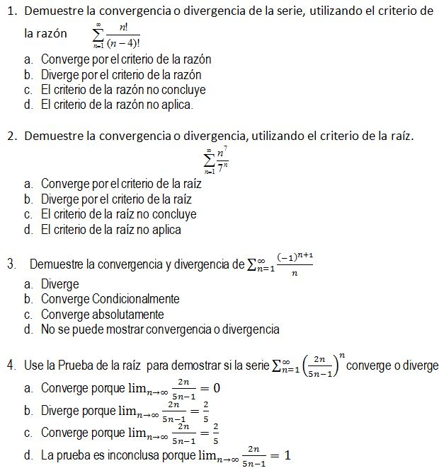 1. Demuestre la convergencia o divergencia de la serie, utilizando el criterio de la razón \( \sum_{n=1}^{\infty} \frac{n !}{