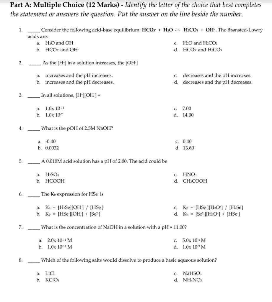 Solved Part A: Multiple Choice (12 Marks) - Identify the | Chegg.com