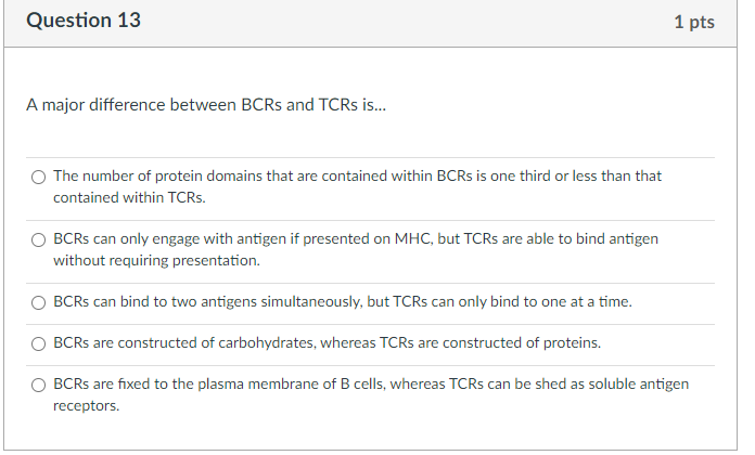 Solved A major difference between BCRs and TCRs is... The | Chegg.com
