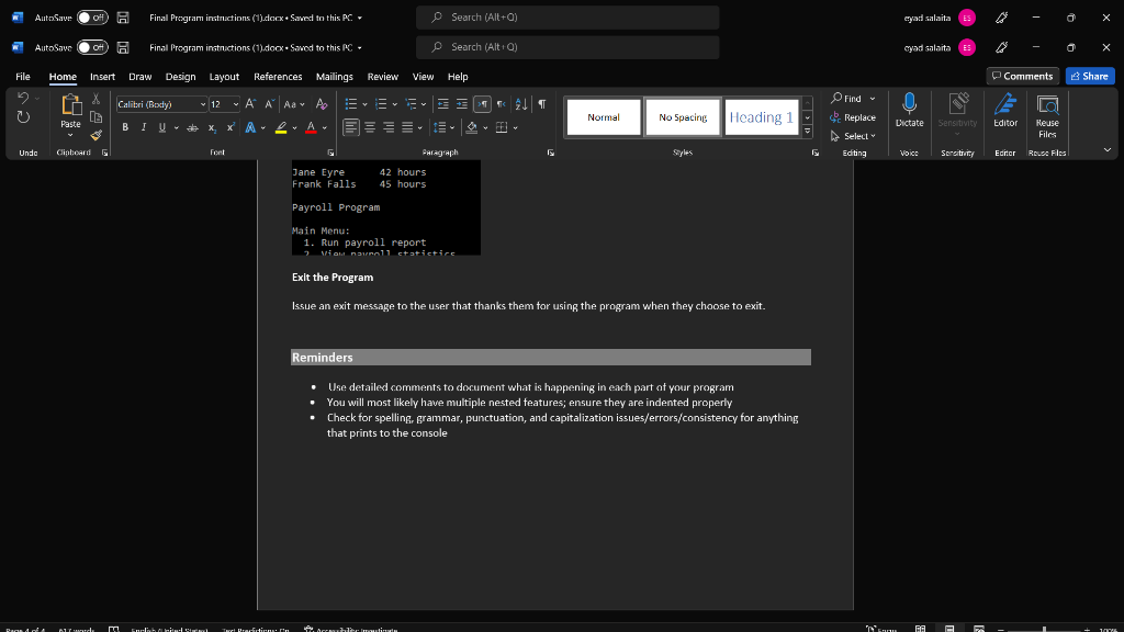 AutoSave Off) Final Program Instructions (1).docx | Chegg.com