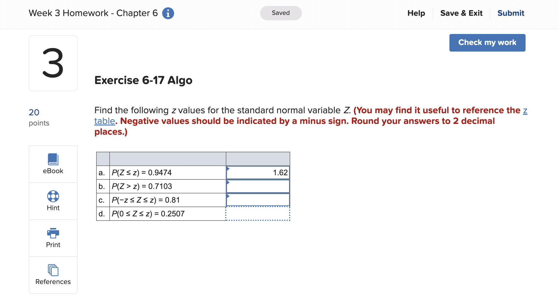 standard normal table with negative values