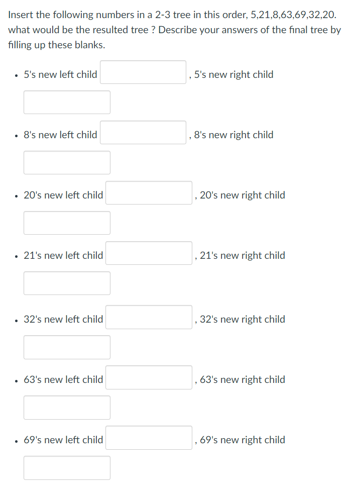 Solved Insert the following numbers in a 2-3 tree in this | Chegg.com