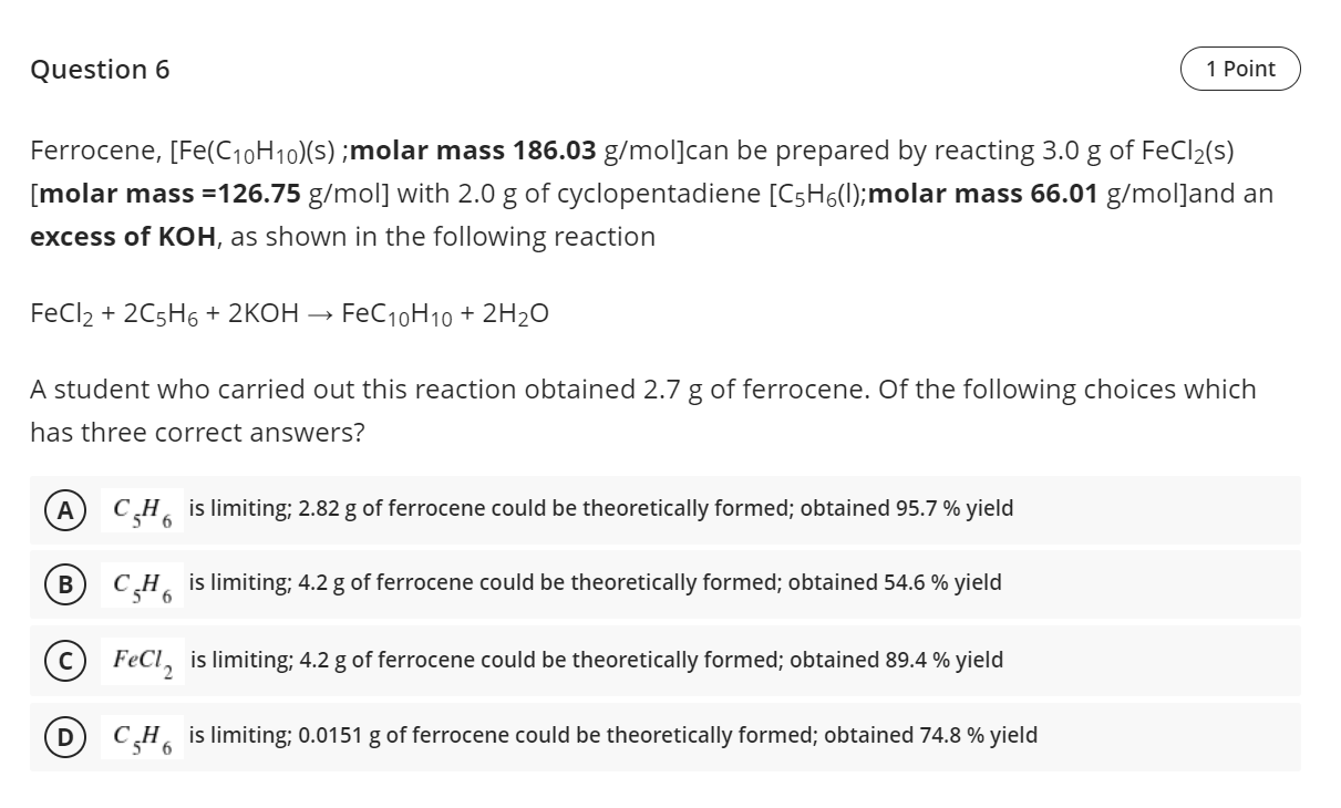 Solved Question 6 1 Point Ferrocene Fec10h10smolar 6684