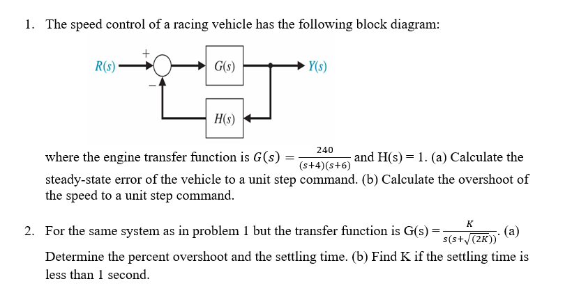 Solved 1. The speed control of a racing vehicle has the | Chegg.com