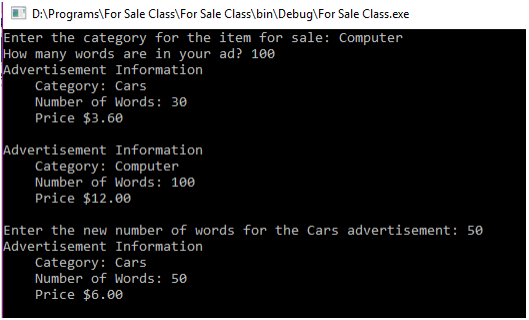 Solved C# Programming Create a class that models a for sale | Chegg.com