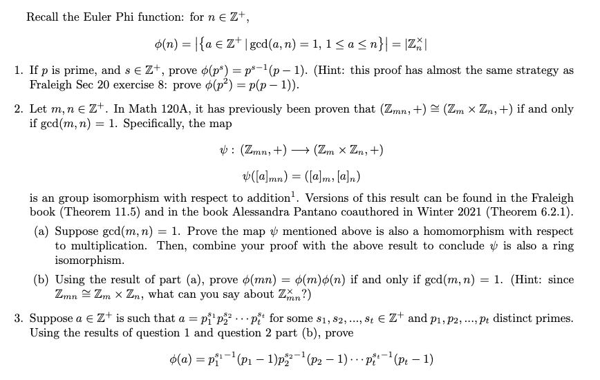 Solved Recall The Euler Phi Function: For N E Z+, 