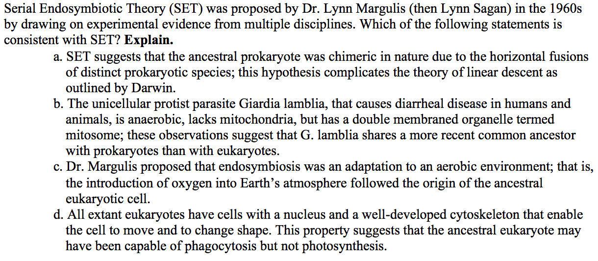 Solved Serial Endosymbiotic Theory Set Was Proposed By Dr Chegg Com