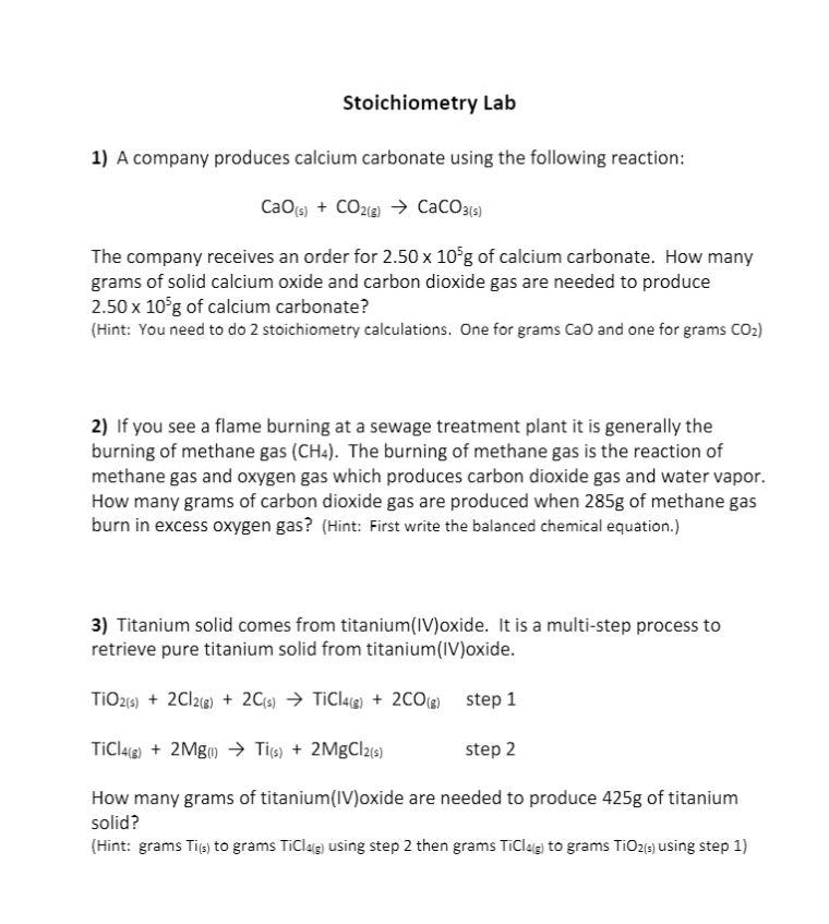 Solved Stoichiometry Lab 1) A company produces calcium | Chegg.com