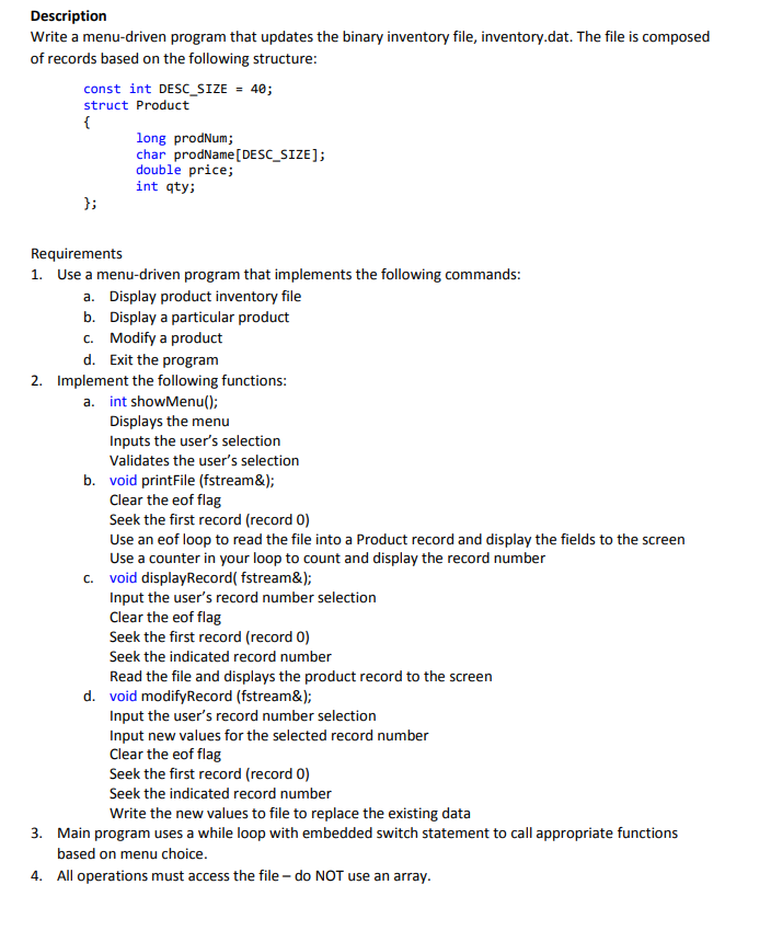 Solved Description Write a menu-driven program that updates | Chegg.com