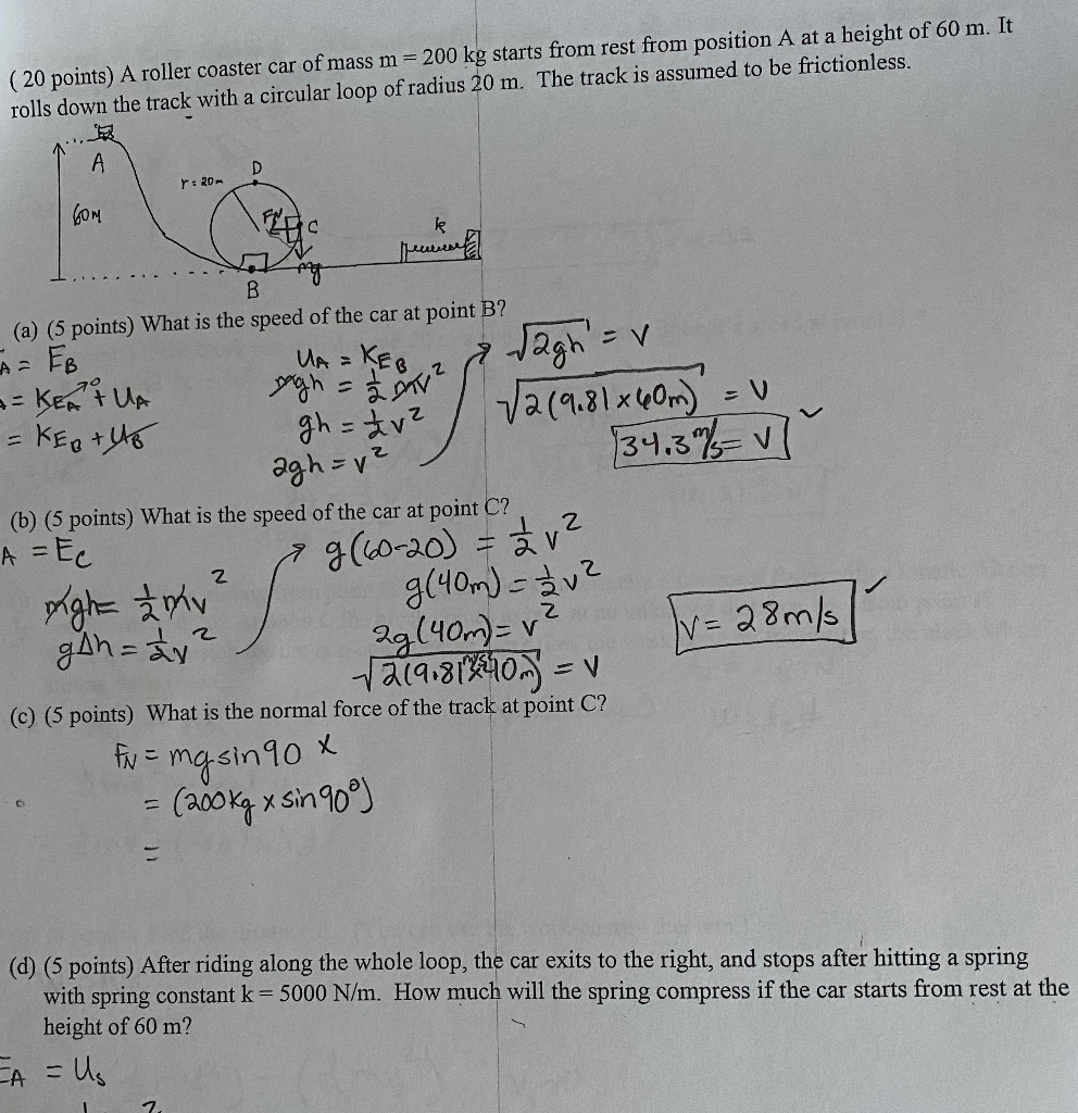 Solved (20 points) A roller coaster car of mass m = 200 kg | Chegg.com