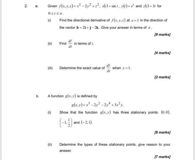 Solved 2. a. b. Given f(x, y, z)=x²-2y² +2², x(t)=sint, y(t) | Chegg.com