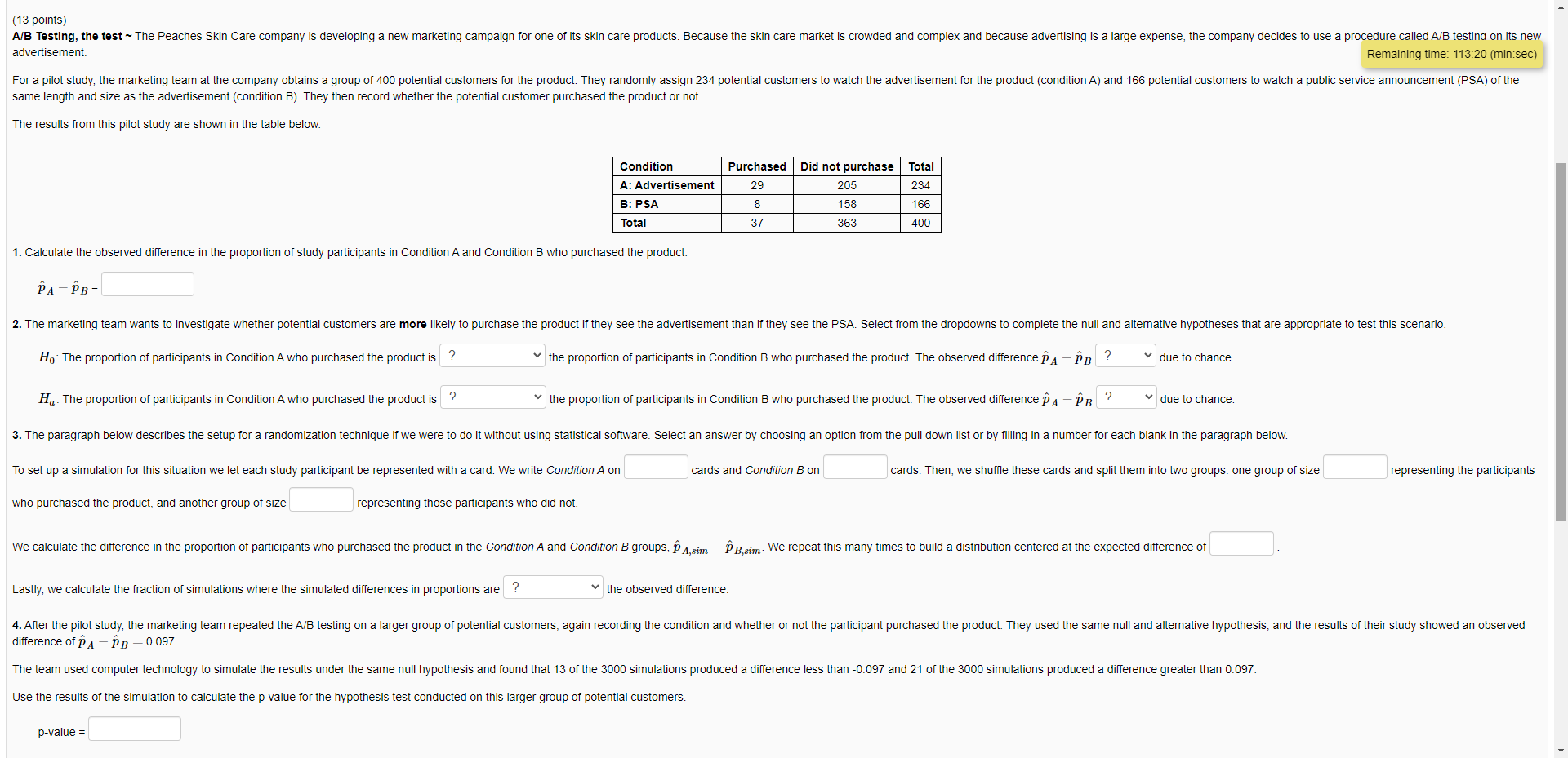 (13 Points) A/B Testing, The Test - The Peaches Skin | Chegg.com