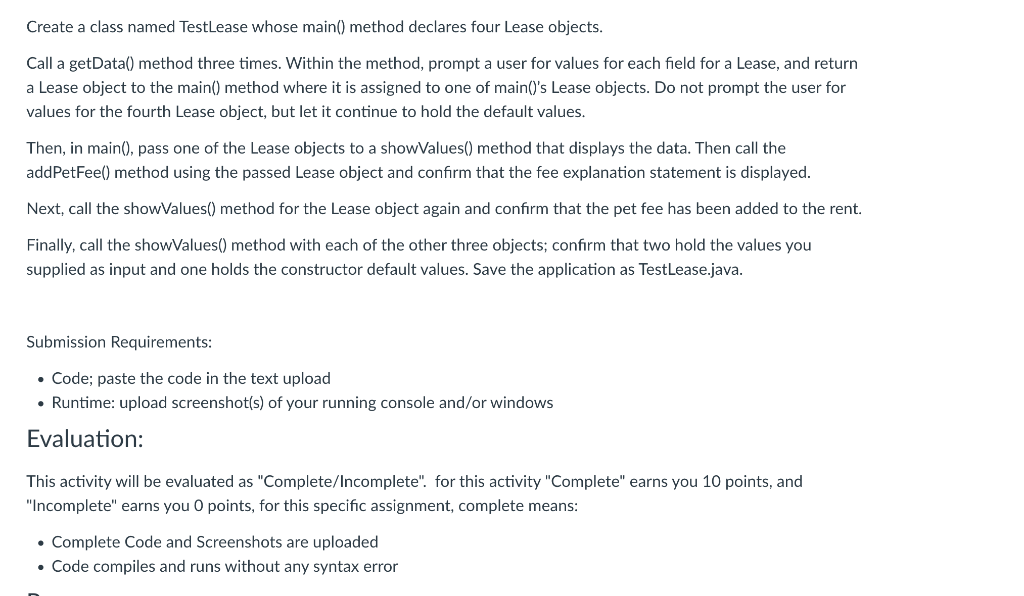 Create a class named TestLease whose main() method | Chegg.com