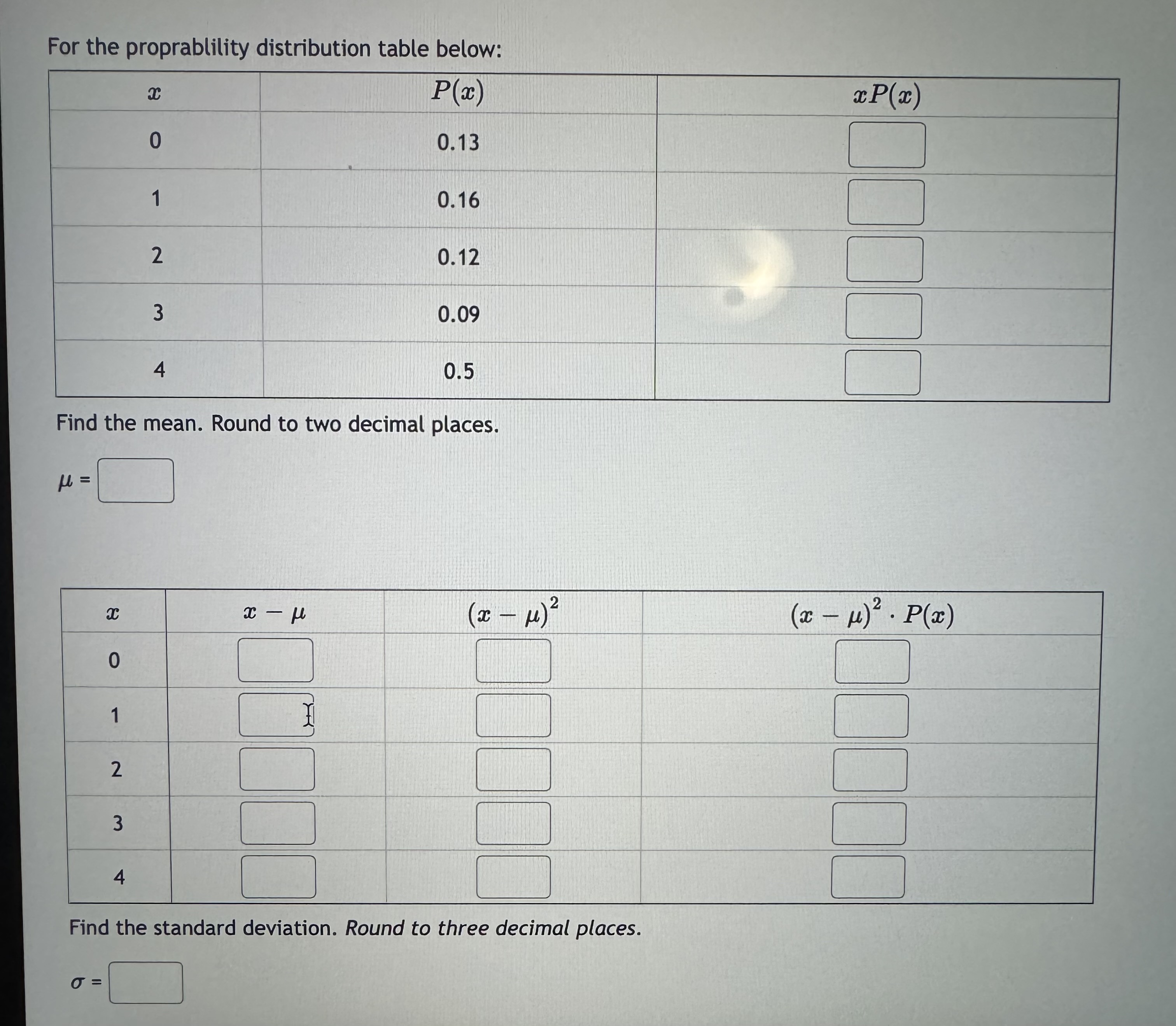 Solved For the proprablility distribution table below: Find | Chegg.com