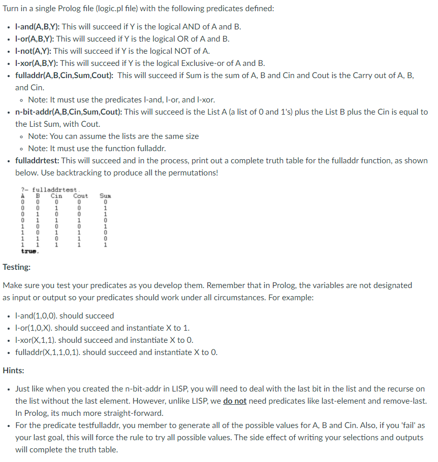 Turn in a single Prolog file (logic.pl file) with the | Chegg.com