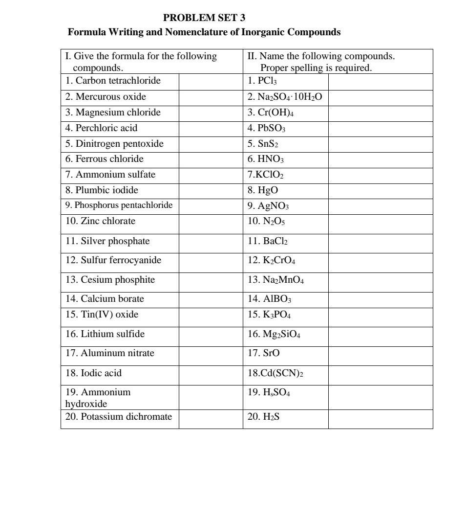 Solved PROBLEM SET 3 Formula Writing and Nomenclature of | Chegg.com