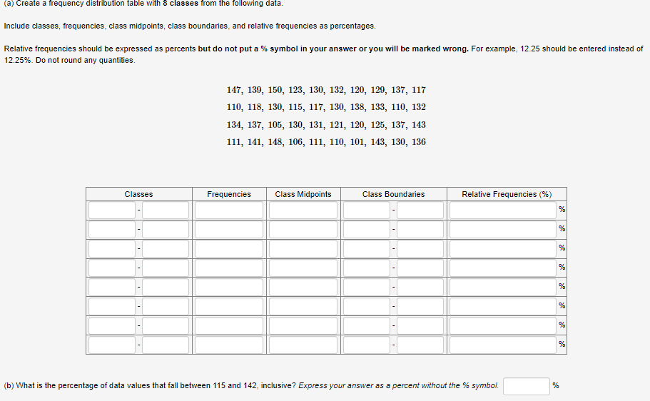 Solved (a) Create a frequency distribution table with 8 | Chegg.com