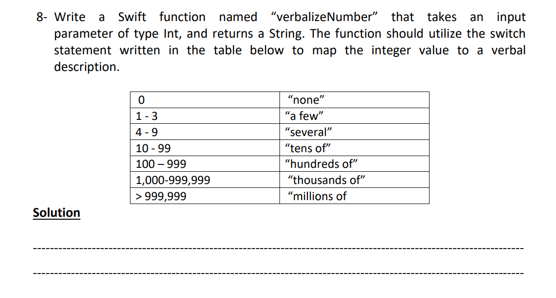 Solved a 8- Write Swift function named “verbalizeNumber" | Chegg.com