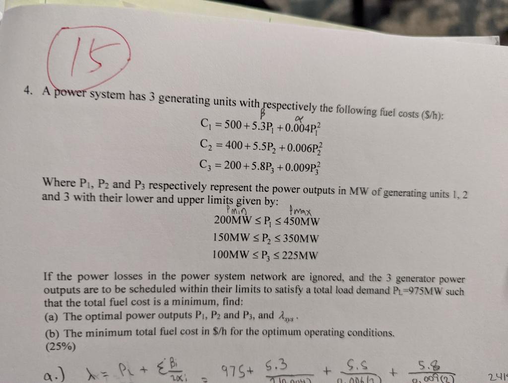 Solved (15 Q 4. A Power System Has 3 Generating Units With | Chegg.com