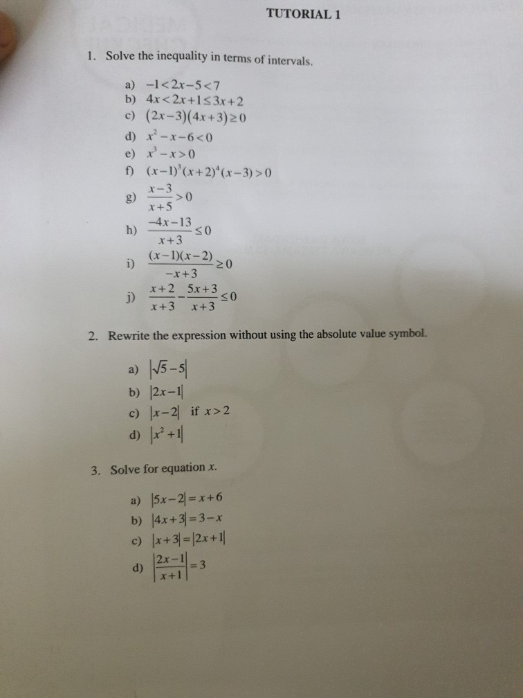 Solved Tutorial 1 1 Solve The Inequality In Terms Of Chegg Com