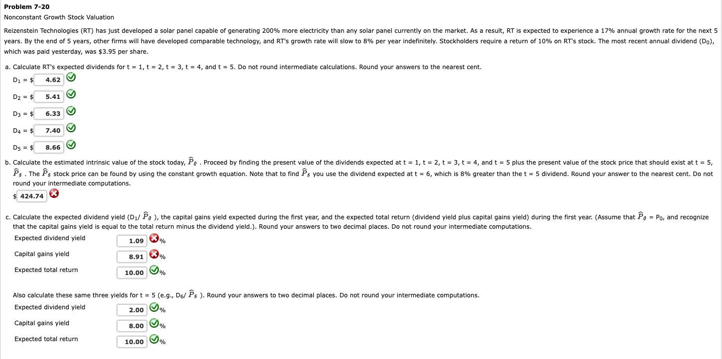 Nonconstant Growth Stock Valuation which was paid yesterday, was \( \$ 3.95 \) per share.
a. Calculate RTs expected dividend
