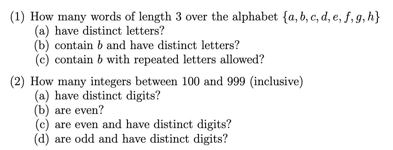 Solved (1) How many words of length 3 over the alphabet | Chegg.com