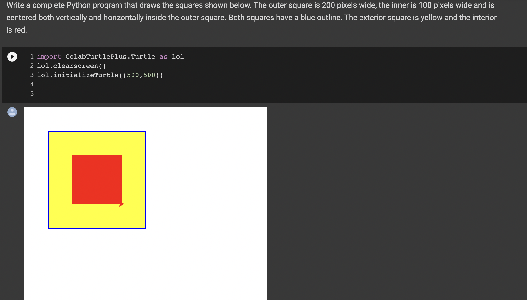 Scratch program (right) to draw a square with sides of length 100. The