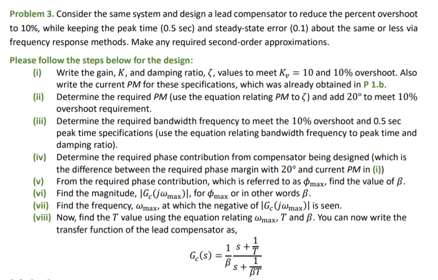 Solved Problem 3. Consider the same system and design a lead | Chegg.com