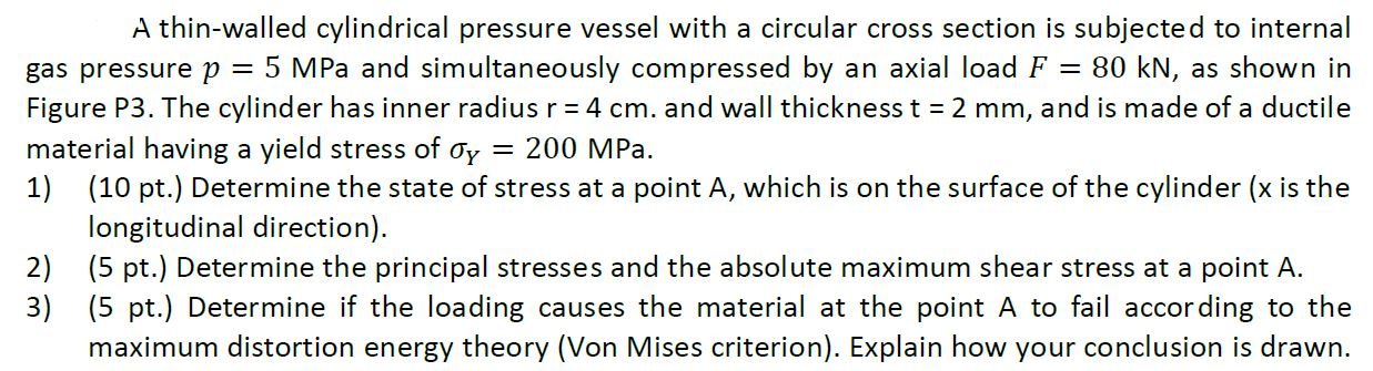 Solved A thin-walled cylindrical pressure vessel with a | Chegg.com