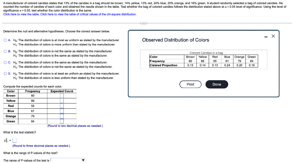 Solved significance α=0.05, test whether the color | Chegg.com