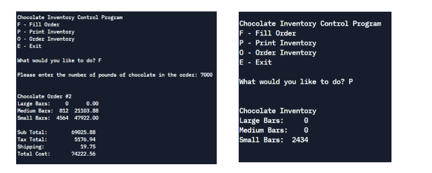 Chocolate Inventory Control Program F - Fill Order P | Chegg.com