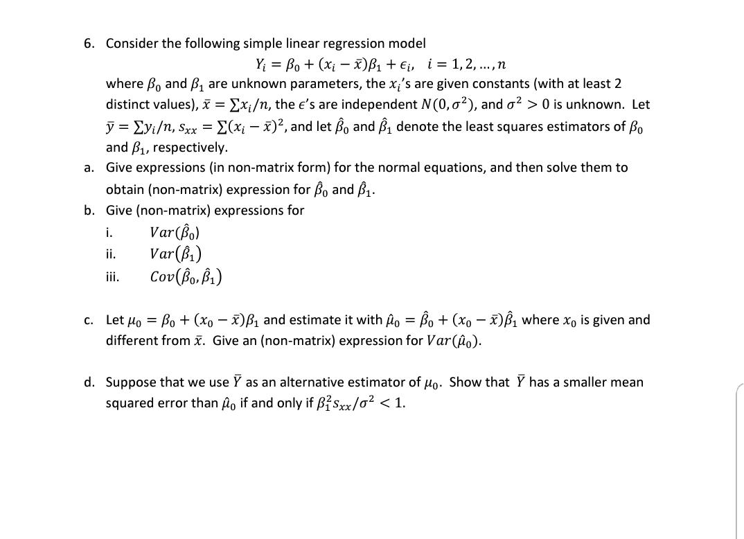 Solved 6. Consider the following simple linear regression | Chegg.com