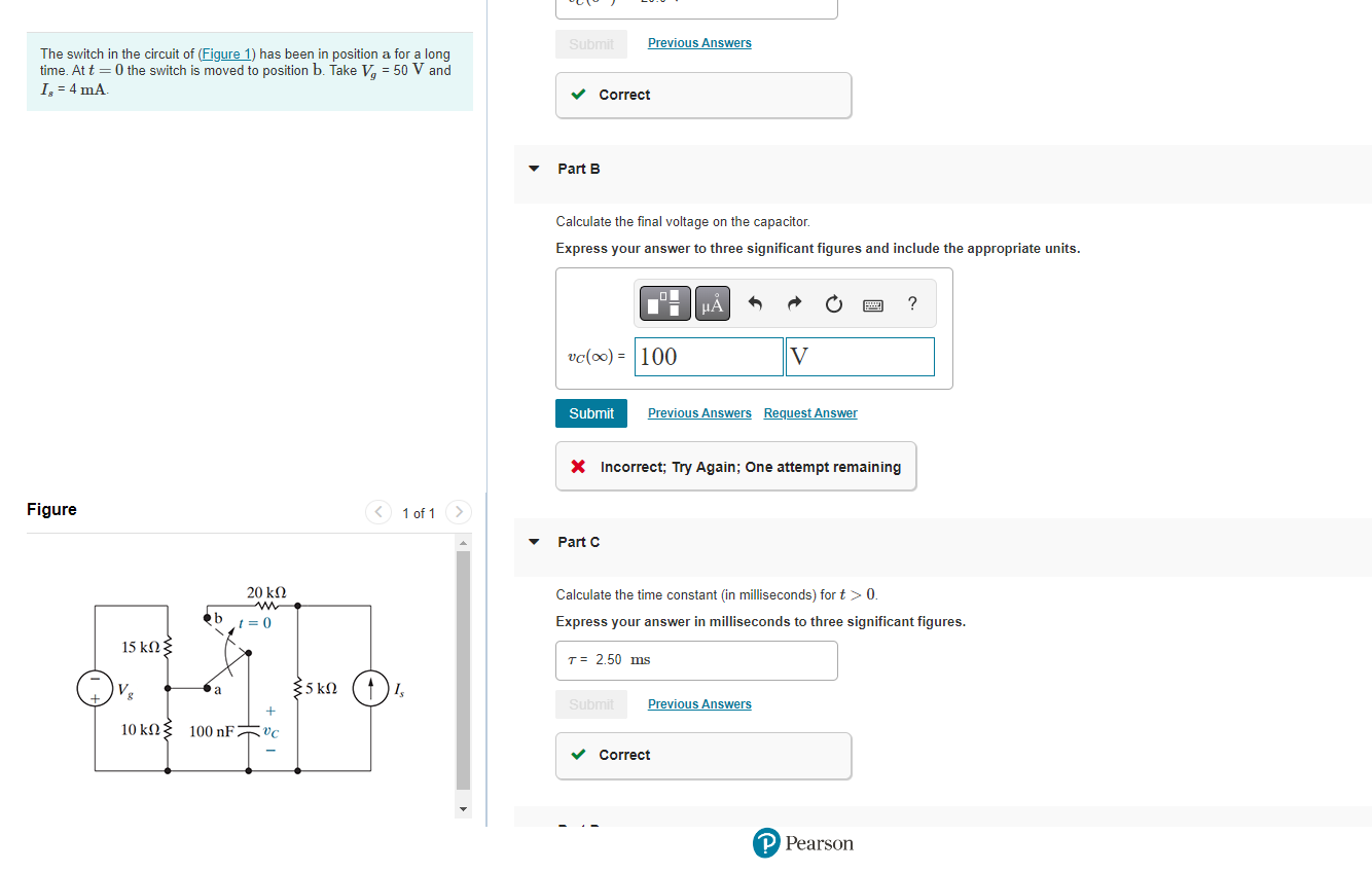 Solved The Switch In The Circuit Of (Figure 1) Has Been In | Chegg.com