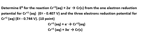 Solved Determine Eº for the reaction Cr+2(aq) + 2e → Cr(s) | Chegg.com