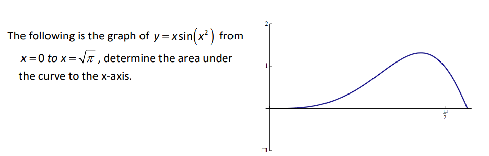 The following is the graph of \( y=x \sin \left(x^{2}\right) \) from \( x=0 \) to \( x=\sqrt{\pi} \), determine the area unde