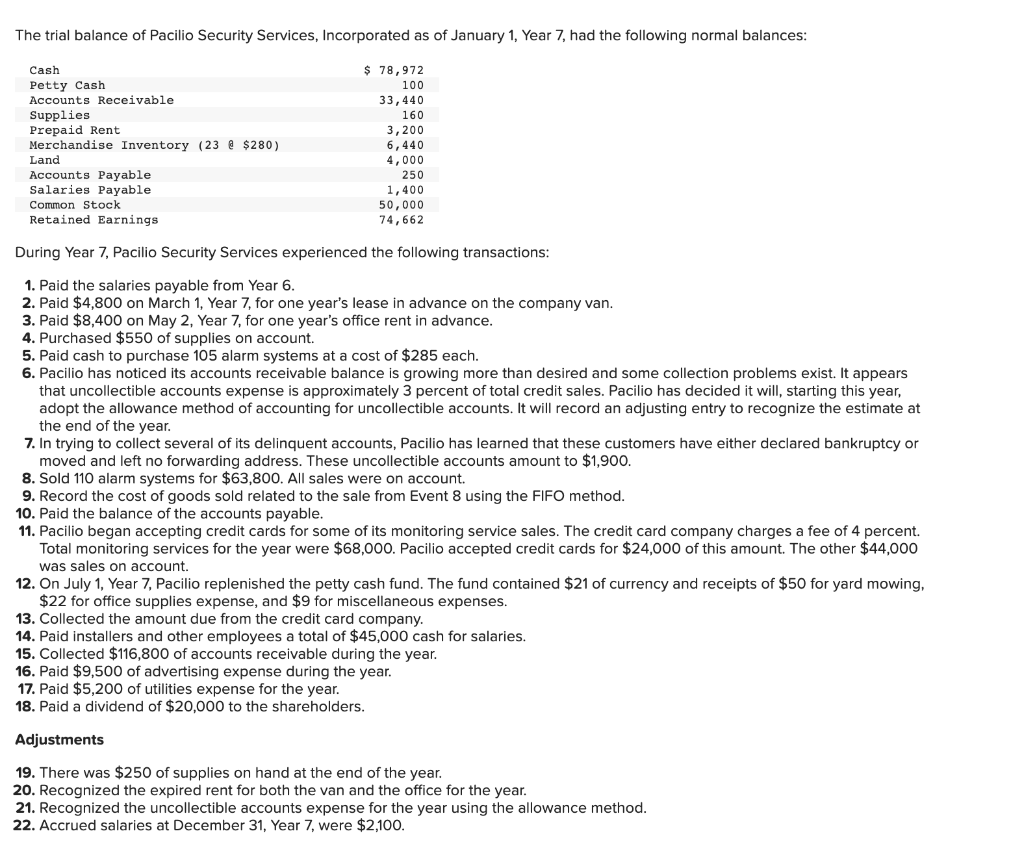 The trial balance of Pacilio Security Services, | Chegg.com