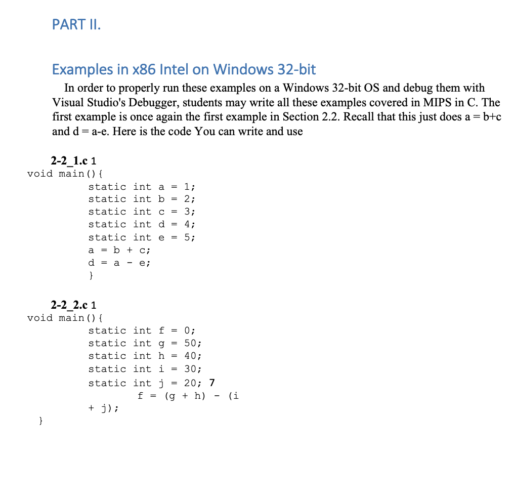 PART II. Examples in x86 Intel on Windows 32-bit In | Chegg.com