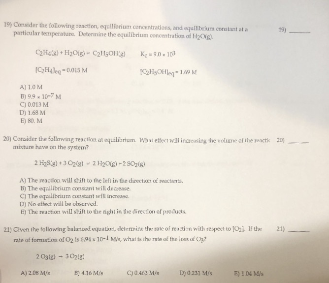 Solved 19 Consider the following reaction equilibrium Chegg