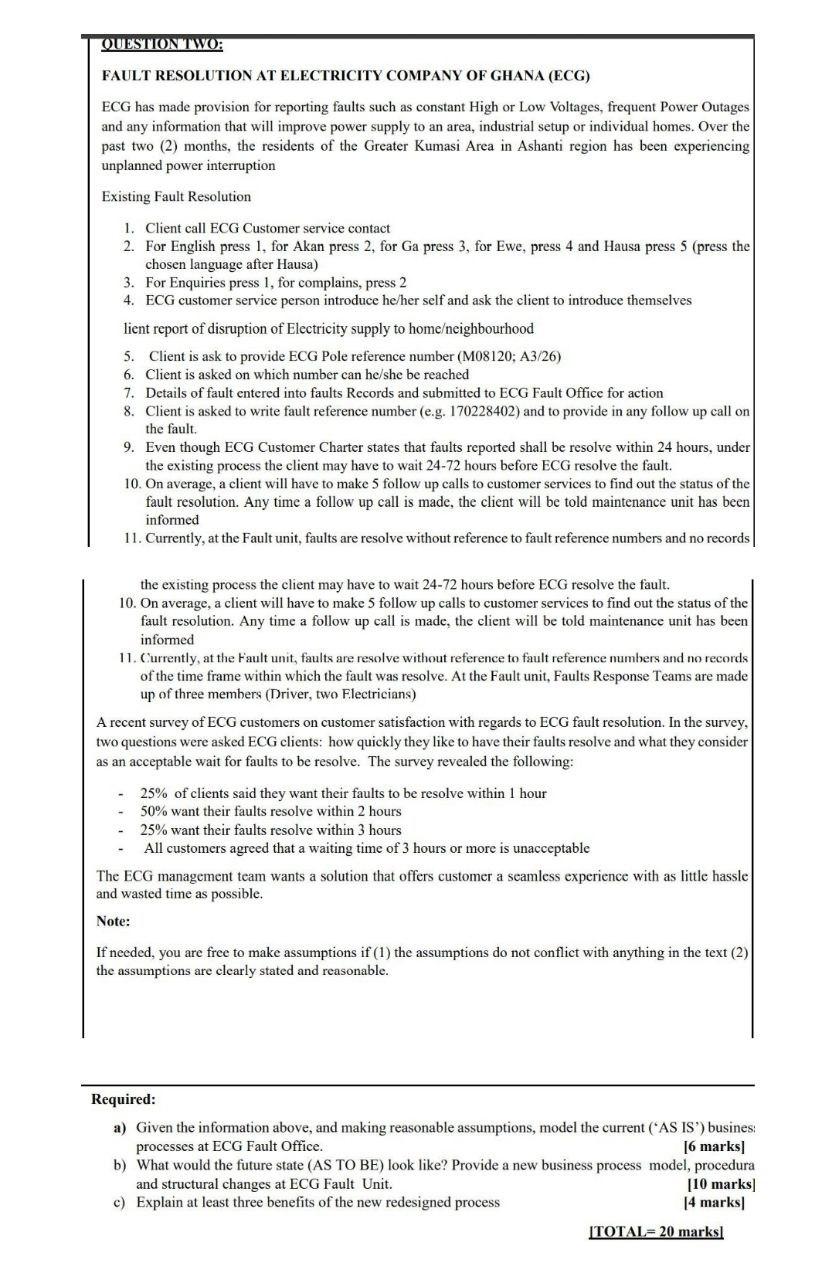 QUESTION TWO FAULT RESOLUTION AT ELECTRICITY COMPANY