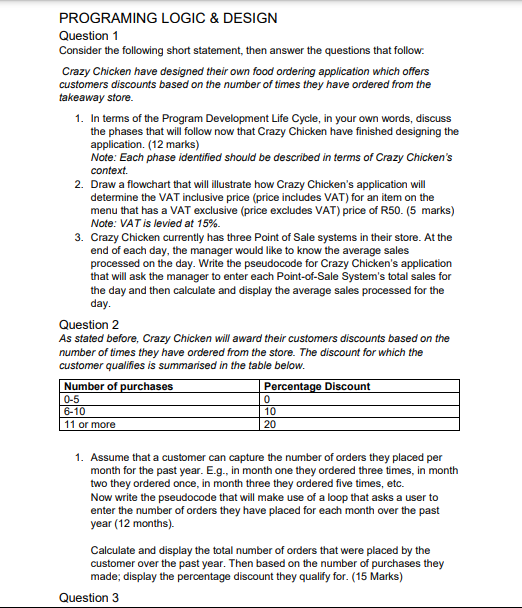 Solved PROGRAMING LOGIC \& DESIGN Question 1 Consider The | Chegg.com