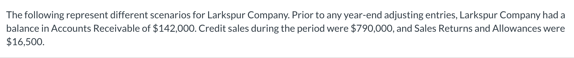 The following represent different scenarios for Larkspur Company. Prior to any year-end adjusting entries, Larkspur Company h