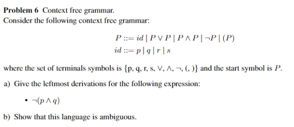 Solved Problem 6 Context free grammar. Consider the | Chegg.com