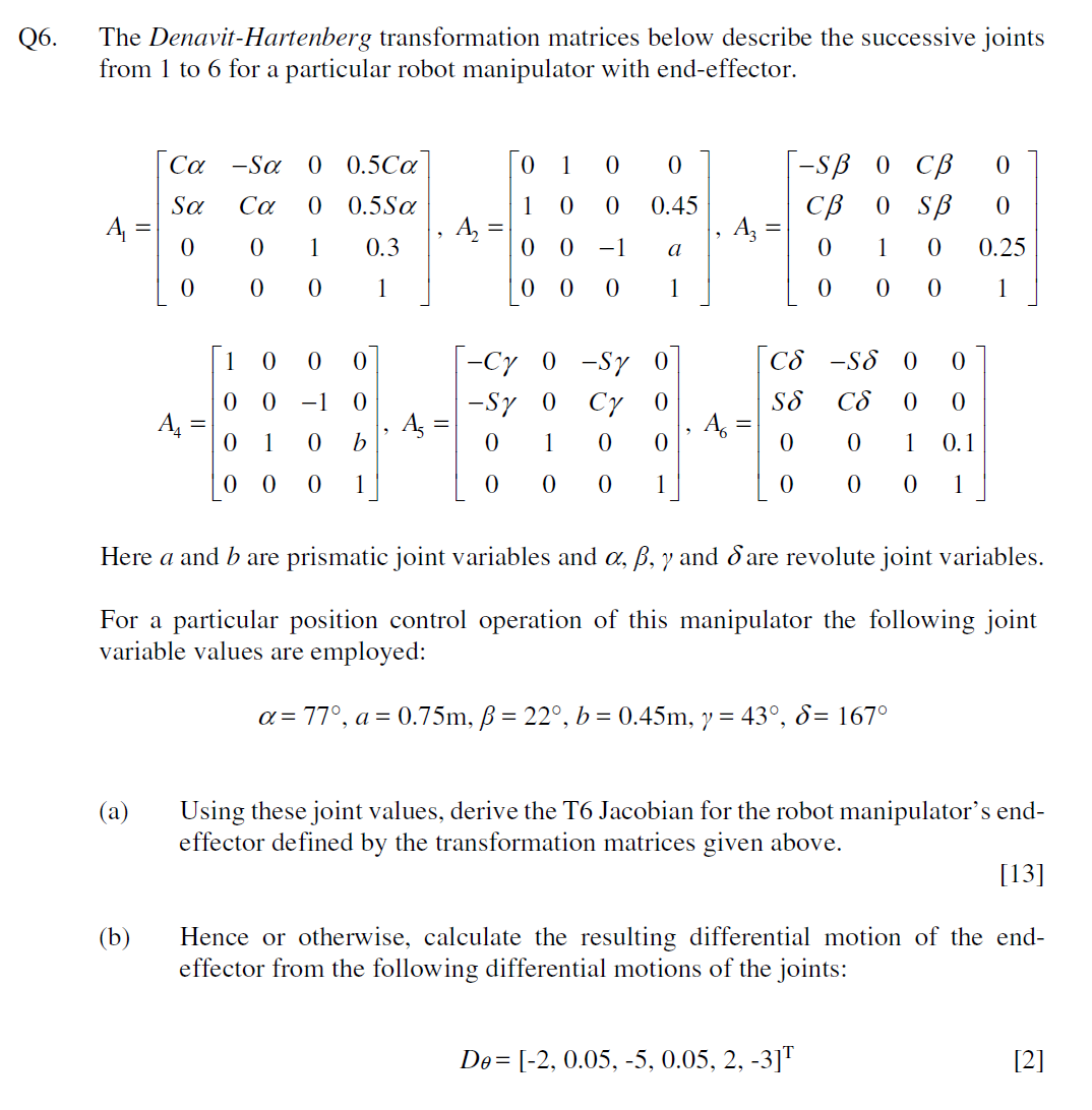 The Denavit-Hartenberg Transformation Matrices Below | Chegg.com