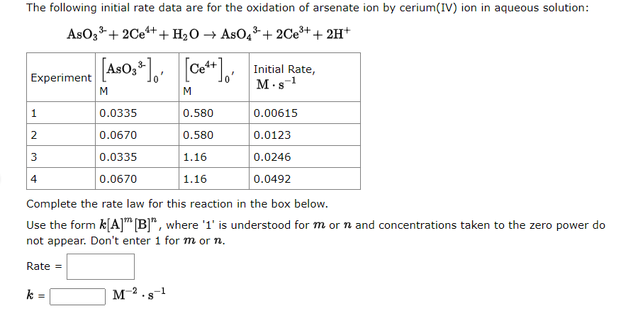 Solved AsO33−+2Ce4++H2O→AsO43−+2Ce3++2H+ Complete the rate | Chegg.com