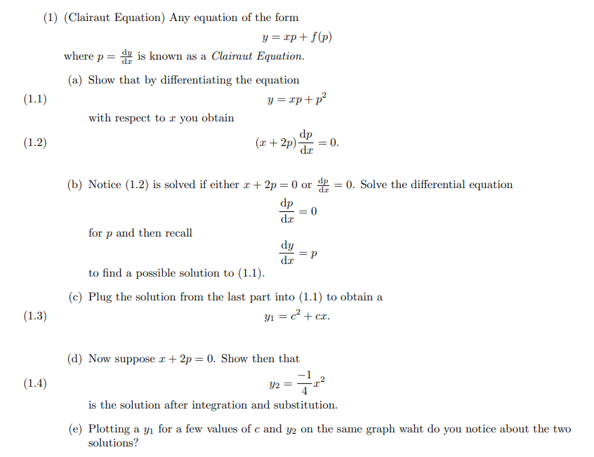 Solved 1 Clairaut Equation Any Equation Of The Form Y Chegg Com