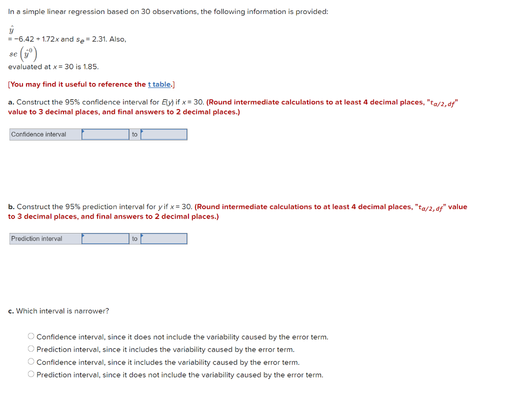 Solved In a simple linear regression based on 30 | Chegg.com