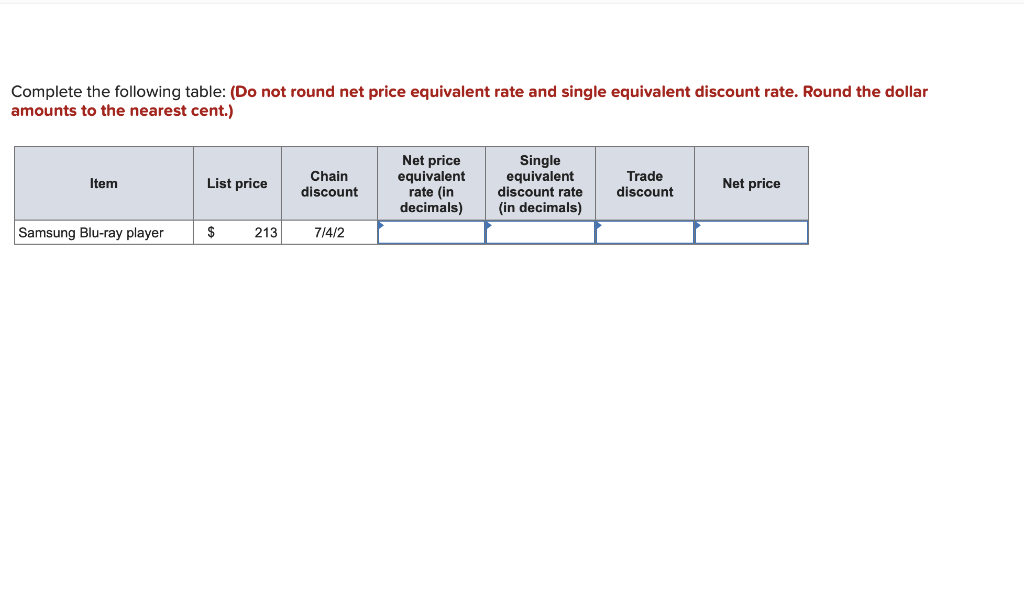 The Net Price Equivalent Rate Of 9 15 18 Is Solved Complete the following table: (Do not round net price | Chegg.com
