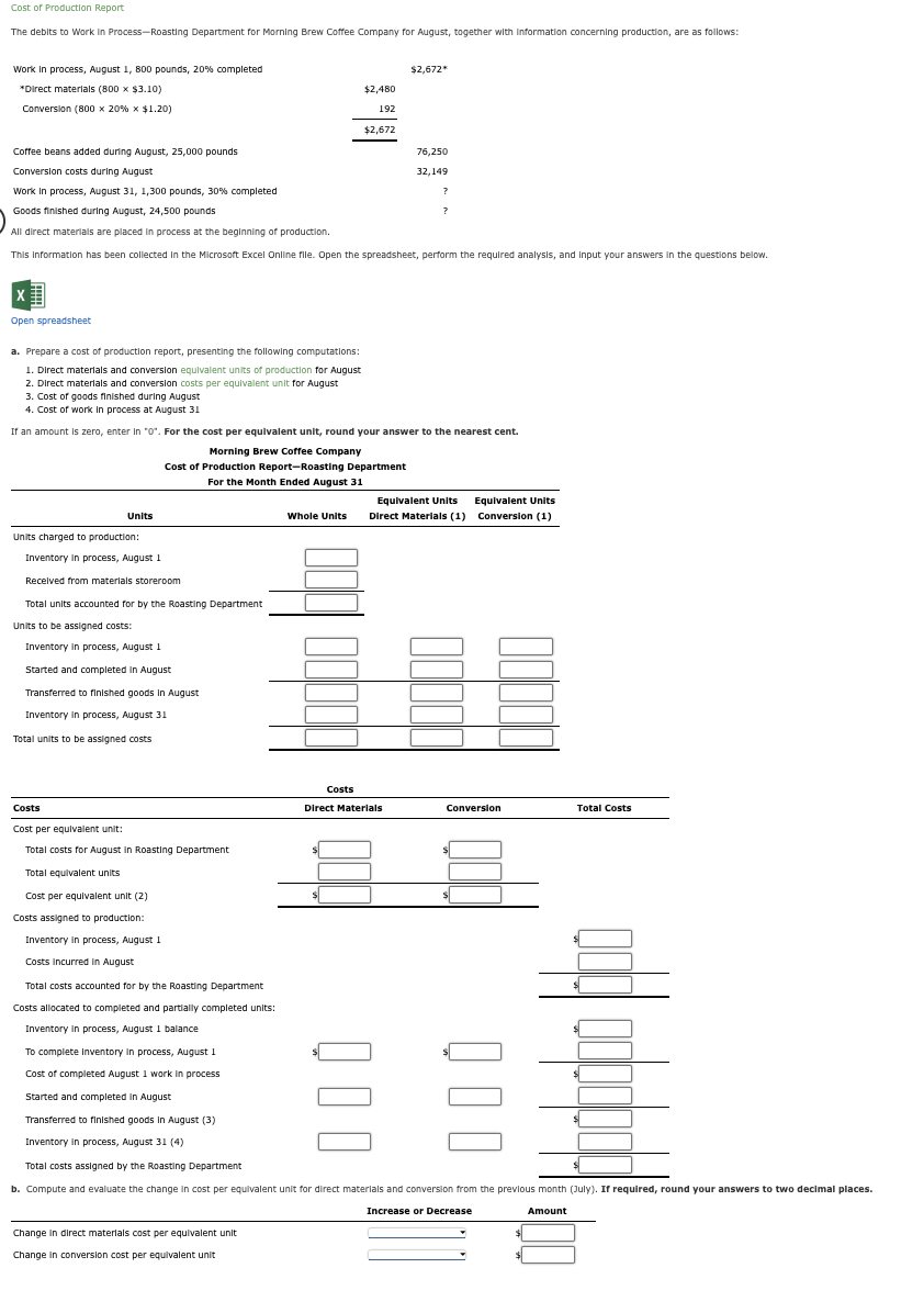 Solved Beginning Of Production Cost Of Production Report 2461