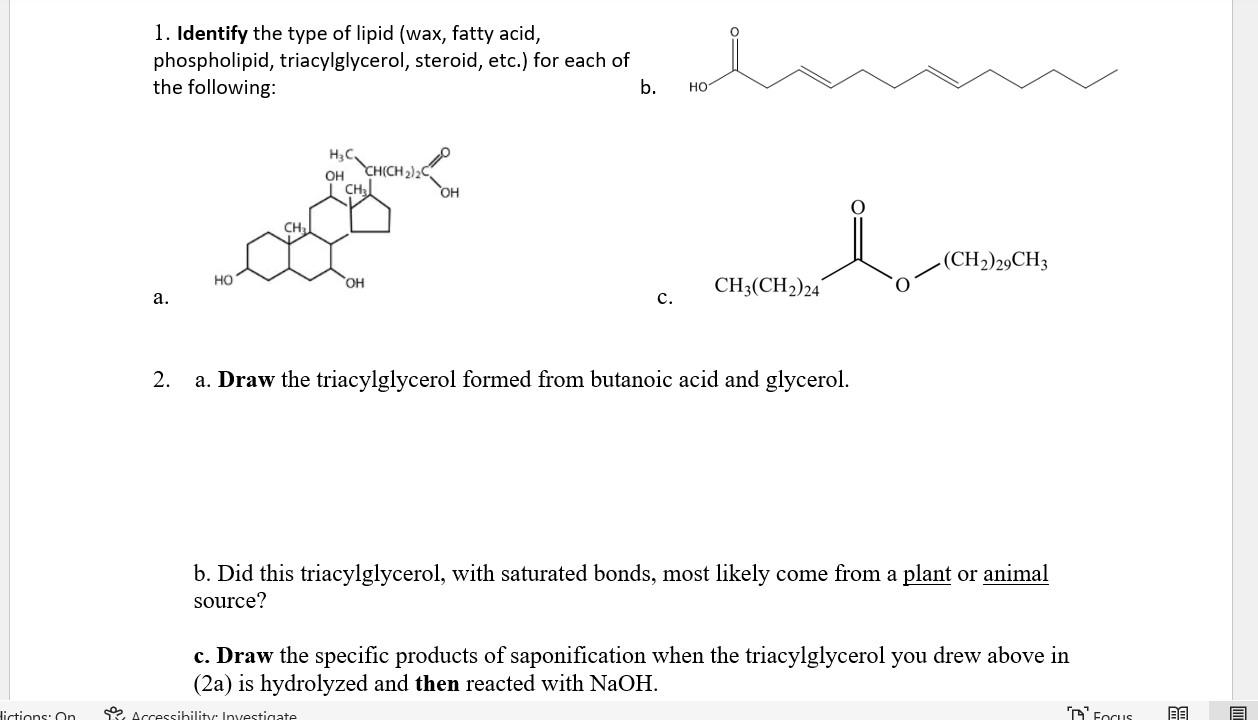 Solved 1. Identify the type of lipid (wax, fatty acid,