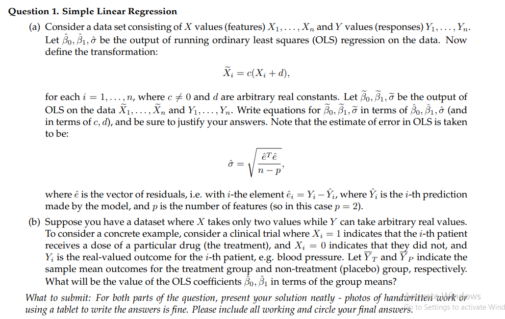 Solved Question 1. Simple Linear Regression (a) Consider a | Chegg.com